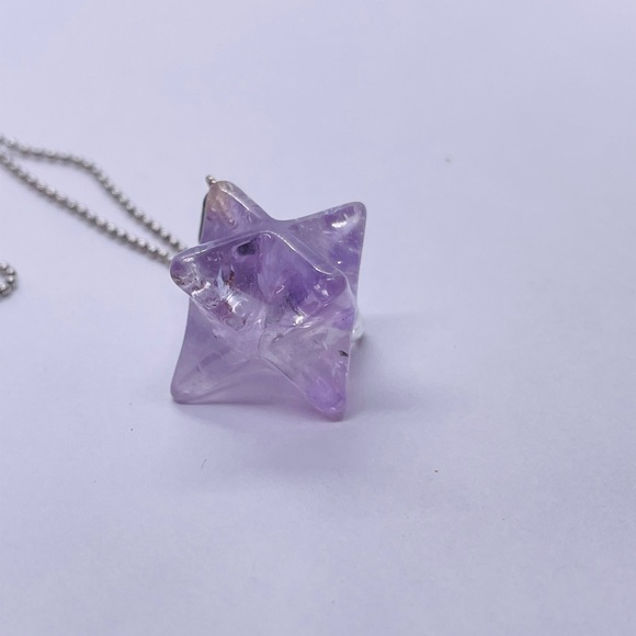 Unique Carved Purple Quartz Stone Star 1” charm 20” silver tone necklace - Picture 3 of 3